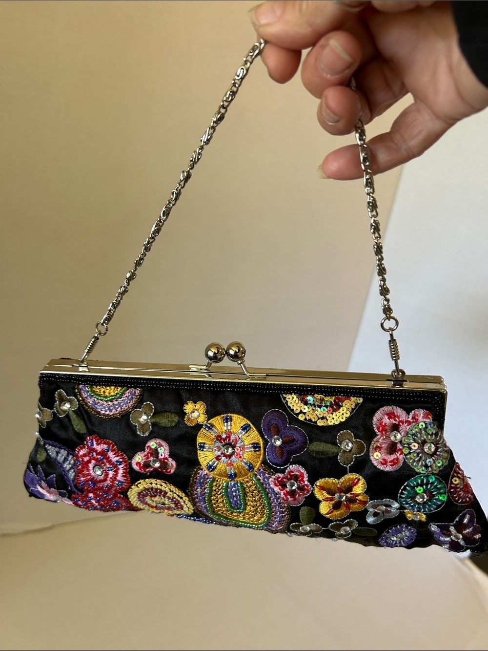 UNBRAIDED BLACK FLORAL EMBROIDERED WITH BEADS & SEQUINS & SLIVER CHAIN